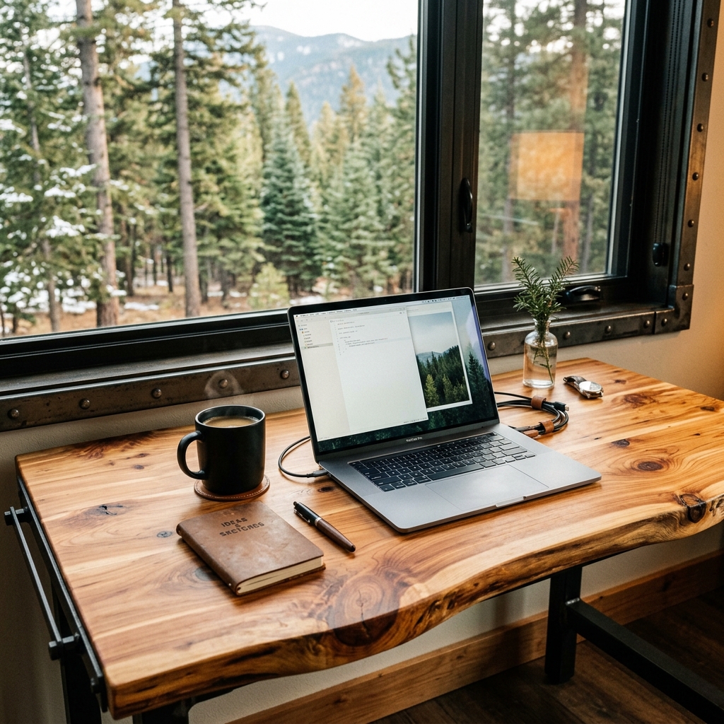 A rustic modern workspace setup showing the Rural & Reckless working environment